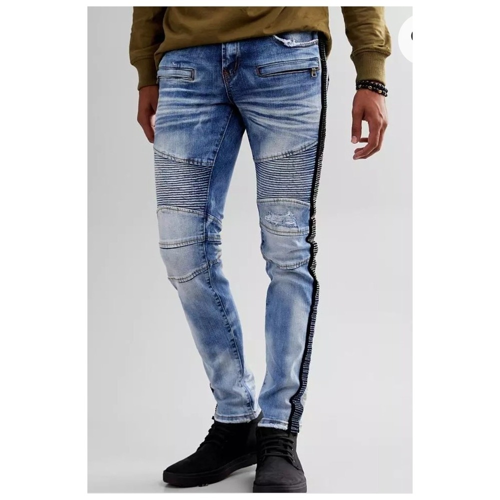 Preme‎ Biker Jeans Mens 38x34 Light Blue Rhinestone Side Stripe Moto